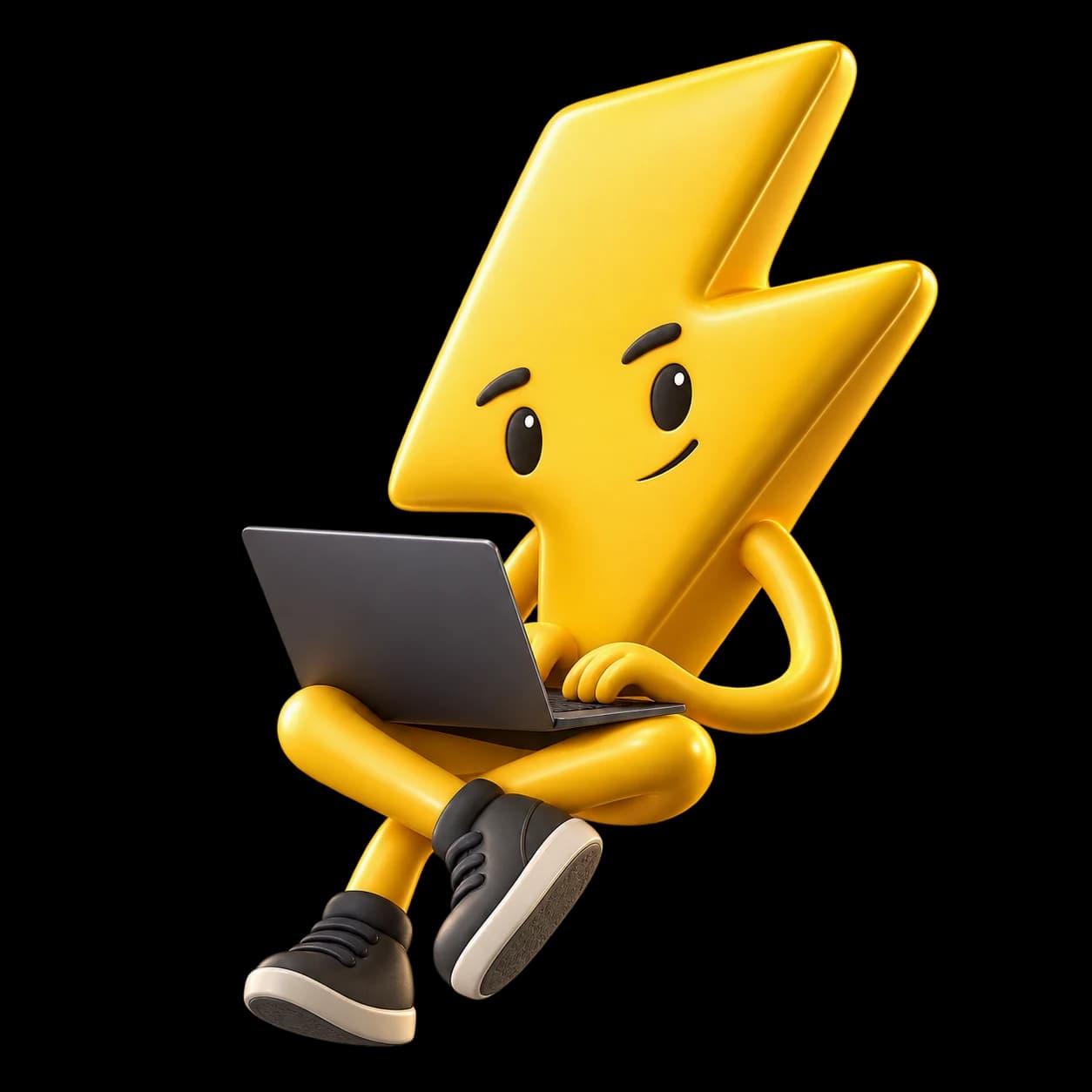 A golden lightning character with a laptop and charcoal sneakers